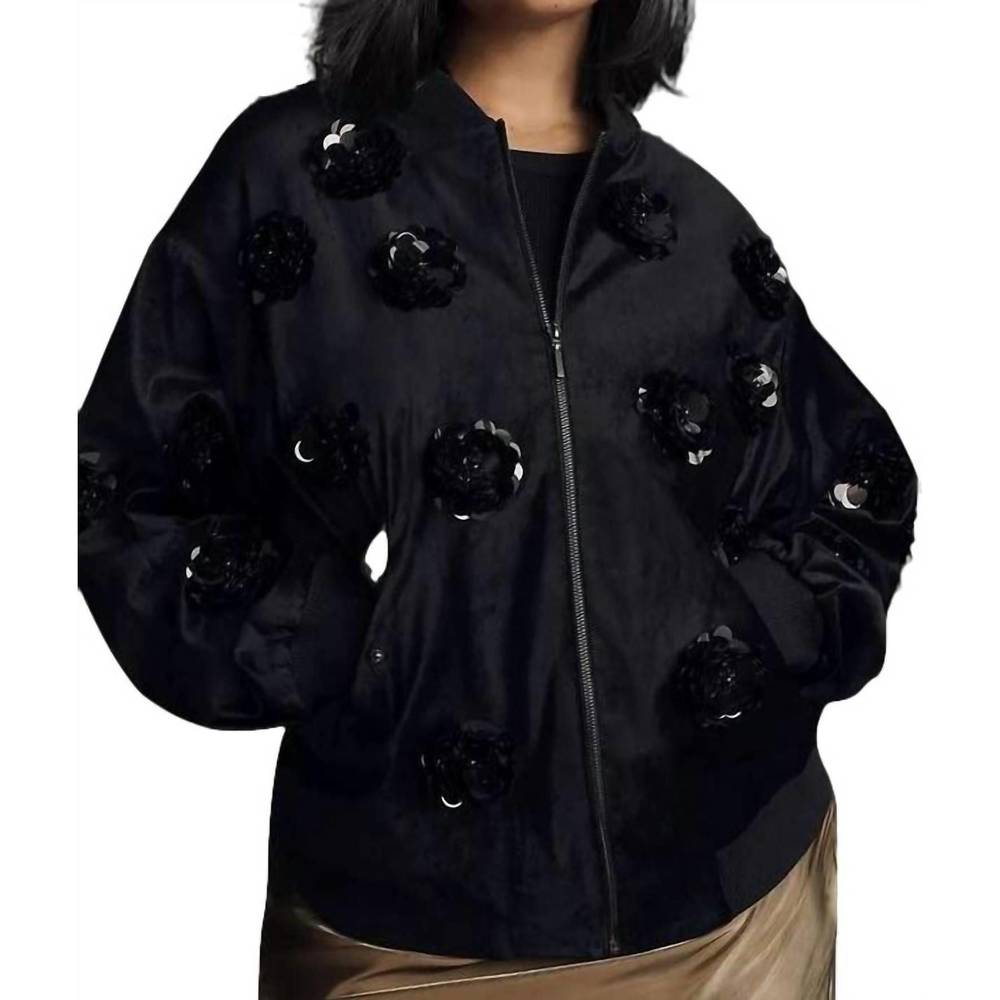 NEW EVA FRANCO velvet floral embroidered bomber jacket in balck